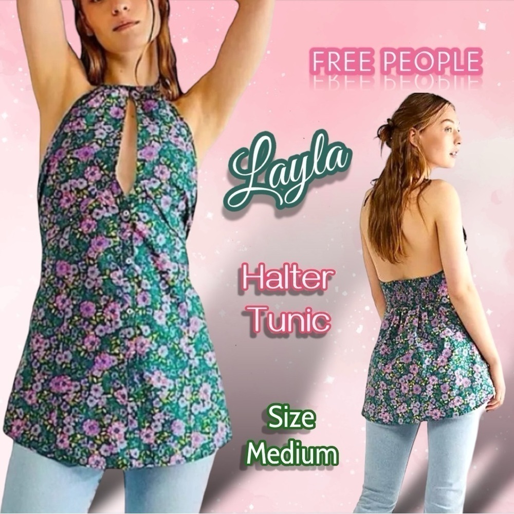 Free People Lyla Halter Tunic In Green Blossom Combo Boho Top Size M